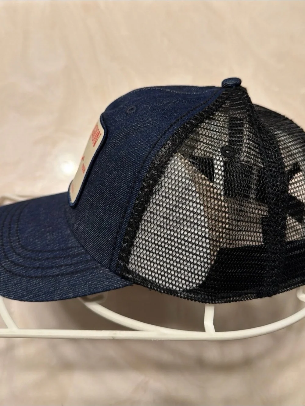 True Religion Navy Blue Denim Cap with Cream Patch and Red Logo